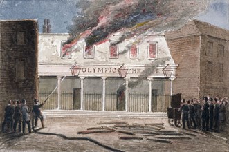 Fire at the Olympic Theatre, Wych Street, Westminster, London, 1849. Artist: J Maund
