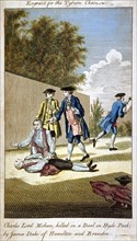 Aftermath of a duel, Hyde Park, Westminster, London, 1712 (1768). Artist: Anon