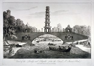Chinese bridge and pagoda, St James's Park, Westminster, London, 1814. Artist: Anon