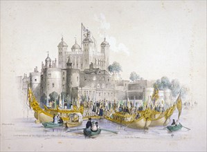Lord Mayor Thomas Johnson and his entourage embarking from the Tower of London, 1840. Artist: William Parrott