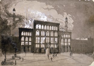 Fire at the Alhambra Theatre, Leicester Square, London, 1882 (1883). Artist: William Dickes