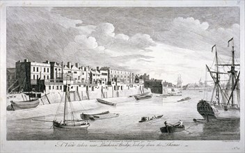View near Limehouse Bridge, London, looking down the River Thames, 1751. Artist: John Boydell