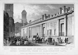 The Bank of England and new tower of the Royal Exchange, City of London, 1828. Artist: W Wallis