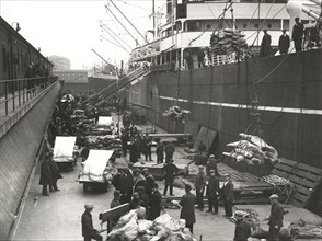 Cargo being loaded or unloaded from a ship, Royal Victoria Dock, Canning Town, London, c1930. Artist: Unknown