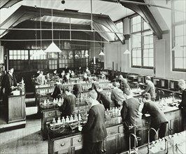 Boys in a chemistry laboratory, Hackney Downs School, London, 1911. Artist: Unknown.