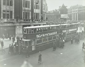 Electric trams at Victoria Terminus, London, 1932. Artist: Unknown.