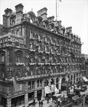 Peace decorations on the First Avenue Hotel, High Holborn, London, January 1919