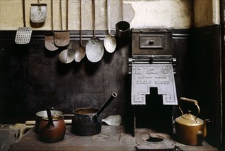 View of the kitchen with utensils, Brodsworth Hall, South Yorkshire