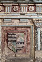 Detail of a coat of arms on a tomb in the chapel of Farleigh Hungerford Castle, Somerset