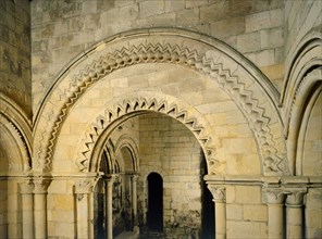 Round-headed archway with chevron ornament in the lower chapel, Dover Castle, Kent
