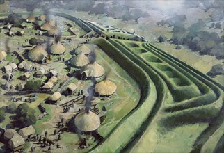 Aerial view of entrance to Old Oswestry Hill Fort during the Iron Age, (c1970-2010) Artist