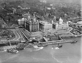 George's Landing Stage and the Three Graces, Liverpool, Merseyside, 1920