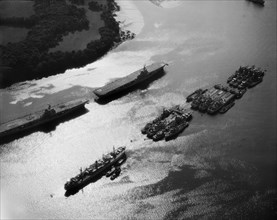 Royal Navy aircraft carriers and other military ships on the River Tamar, Plymouth, Devon, 1959