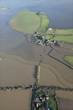Aerial view of flooding around Muchelney Abbey, Somerset Levels, January, 2014