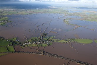Aerial view of flooding around East Lyng, Somerset Levels, January, 2014