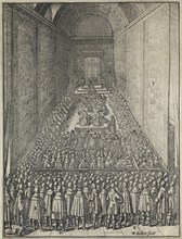 Interior of the House of Lords in session, Palace of Westminster, London, c1650