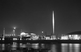 Festival of Britain site at night, South Bank, Lambeth, London, 1951