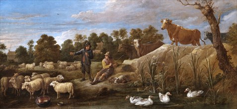 Landscape with Two Shepherds, Cattle and Ducks', 17th century