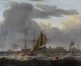 A Warship at Anchor in a Rough Sea', c1660-c1708