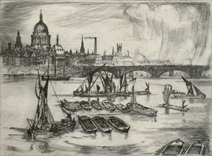 St Paul's Cathedral, Blackfriars Bridge and boats on the River Thames, London, 1914