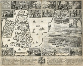 Map of the British Isles and illustrations of 17th century historical events, c1659