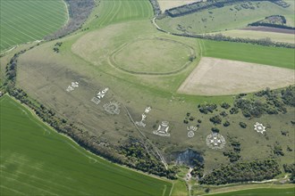 Chalk military badges and Chisenbury Camp univallate hillfort, Fovant Down, Wiltshire, 2015
