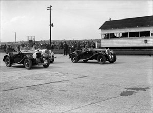 Triumph and Alvis cars at the MCC Members Meeting, Brooklands, 10 September 1938. Artist: Bill Brunell.