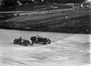 Fiat Balilla and Jensen racing at the BARC Meeting, Brooklands, 15 October 1938. Artist: Bill Brunell.