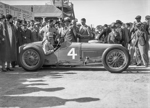Earl Howe in his Delage GP at the BARC Meeting, Brooklands, 25 May 1931. Artist: Bill Brunell.