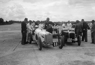 Frazer-Nash, Lea-Francis and Austin 7 at the LCC Relay GP, Brooklands, 25 July 1931. Artist: Bill Brunell.