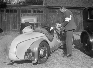 Wolseley Hornet with Swallow body at the Bugatti Owners Club car treasure hunt, 25 October 1931. Artist: Bill Brunell.