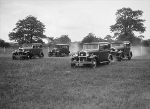 Three Singer Super Sixes and a Singer Senior at the Bugatti Owners Club gymkhana, 5 July 1931. Artist: Bill Brunell.