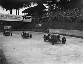 Frazer-Nash, MG and HRG racing at Brooklands, 1938 or 1939. Artist: Bill Brunell.