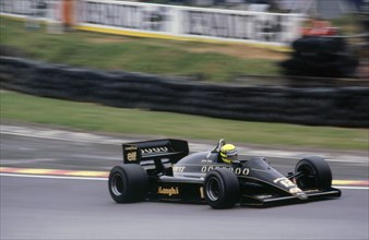 Ayrton Senna in the Lotus 98T at 1985 British Grand Prix Brands Hatch Artist: Unknown.