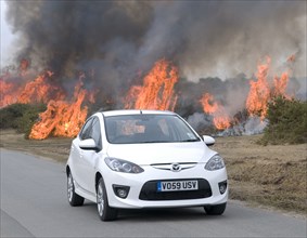 2010 Mazda 2 Sport, controlled burning in New Forest Artist: Unknown.