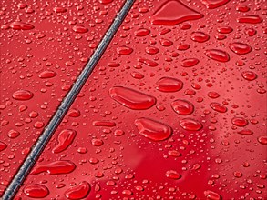 Raindrops beading on classic car paintwork