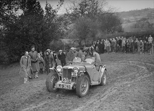 MG PA of J Twyford at the MG Car Club Midland Centre Trial, 1938. Artist: Bill Brunell.