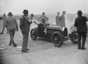 Bugatti at a Surbiton Motor Club race meeting, Brooklands, Surrey, 1928. Artist: Bill Brunell.
