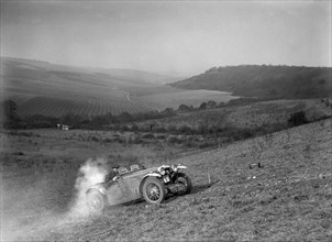 MG J2 competing in the London Motor Club Coventry Cup Trial, Knatts Hill, Kent, 1938. Artist: Bill Brunell.