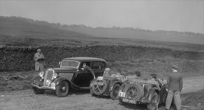 Singer Le Mans, Ford V8 and MG J2 at the Sunbac Inter-Club Team Trial, 1935. Artist: Bill Brunell.