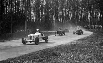 ERA, Vale Special of Ian Connell, Bugatti and MG Q type, Donington Park, Leicestershire, c1930s. Artist: Bill Brunell.