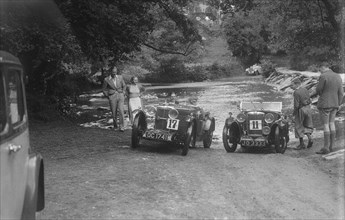 MG J2 and MG D type at the Mid Surrey AC Barnstaple Trial, Tarr Steps, Exmoor, 1934. Artist: Bill Brunell.