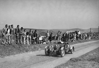 Bugatti Type 37 of H Pownall competing in the Bugatti Owners Club Lewes Speed Trials, Sussex, 1937. Artist: Bill Brunell.