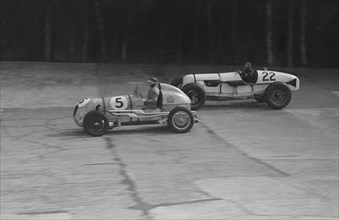 MG and Bowler-Hofman Special competing in the BRDC 500 Mile Race, Brooklands, 1937. Artist: Bill Brunell.