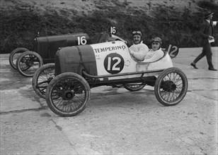 Temperino of JS Wood and Salmson of Andre Lombard at the JCC 200 Mile Race, Brooklands, 1921. Artist: Bill Brunell.