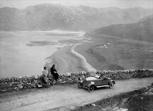 Lagonda open 2-seater of WH Oates competing in the Scottish Light Car Trial, 1922. Artist: Bill Brunell.