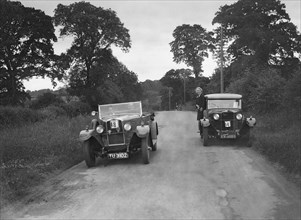Talbot 18/55 4-seater and Kitty Brunell's Talbot 14/45 saloon at the JCC Inter-Centre Rally, 1932. Artist: Bill Brunell.