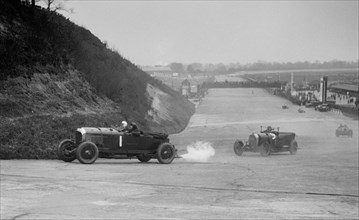 Bentley of Tim Birkin and Austro-Daimler of Edgar Fronteras, BARC meeting, Brooklands, 1930. Artist: Bill Brunell.