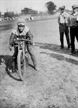 American speedway rider Art Pecha on his Harley-Davidson, Lea Bridge Stadium, Leyton, London, 1928.  Artist: Bill Brunell.