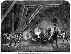 'Casting the cylinder of the 'Britannia Press' at the Bank Quay Foundry, Warrington', 1851. Artist: Unknown